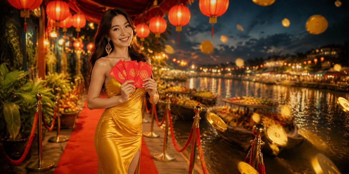 Người dùng tại chợ đêm vùng Mekong kiểm tra tài khoản và nhận thưởng trên điện thoại