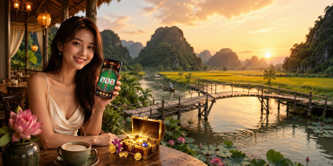 Người chơi thưởng thức trò chơi bài tại quán cà phê nhìn ra cảnh quan Ninh Bình