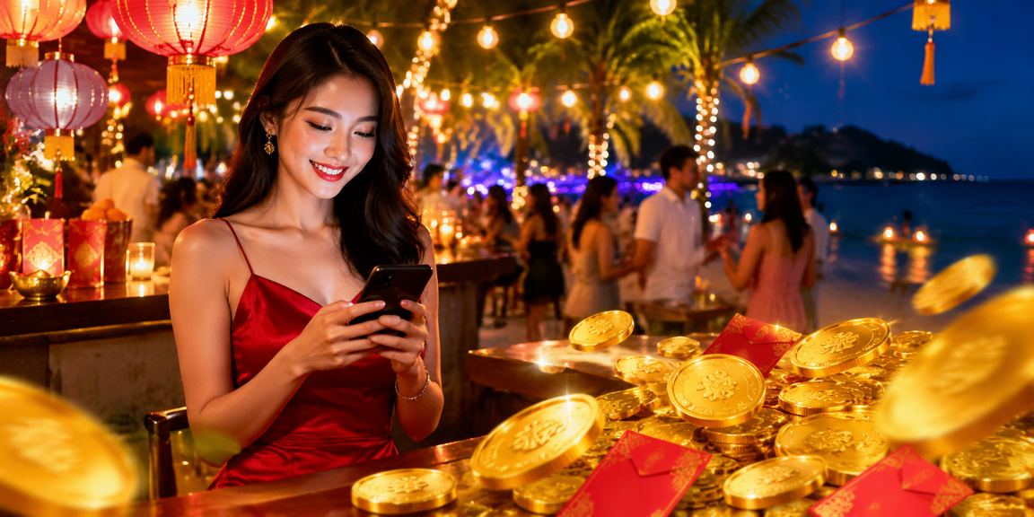 Khách du lịch tại Phú Quốc nạp tiền VND vào tài khoản 3dai qua điện thoại dưới ánh đèn lồng